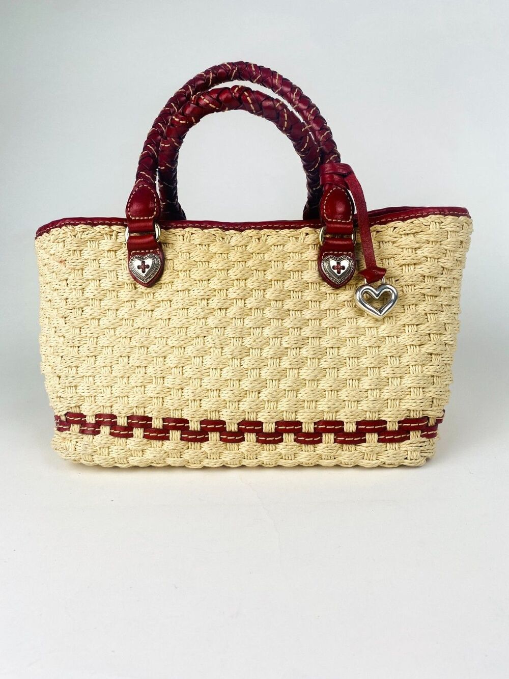 Vintage Brighton Straw Tote Bag Red Leather Trim Woven Basketweave Heart Charm